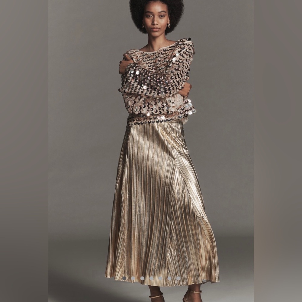 ❤️🔥Firm Price❤️🔥By Anthropologie Metallic pleated midi skirt - Picture 7 of 13